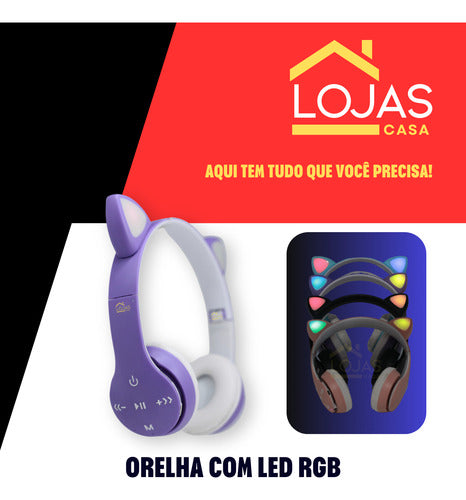 Fone De Ouvido Crianças Orelha De Gatinho Bluetooth Led Rgb