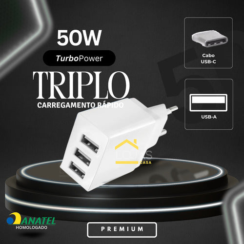 Carregador 50w Usb-c Triplo Para Motorola Moto G Edge Razr