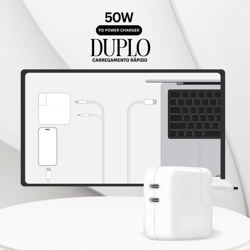 Carregador 50w Duplo 2,5m Para iPhone 11 12 13 14 + 2 Cabos