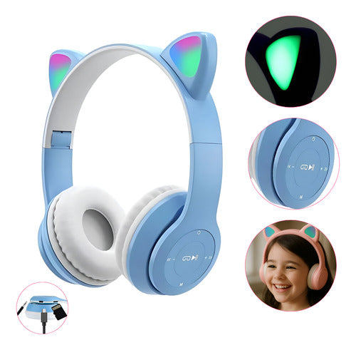 Fone De Ouvido Infantil Orelha De Gatinho Bluetooth Led  Rgb