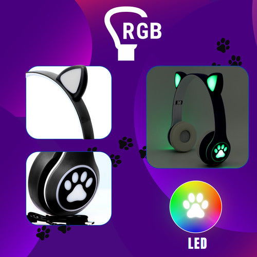 Fone De Ouvido Gatinho Fofinho Bluetooth Led Cat Headset
