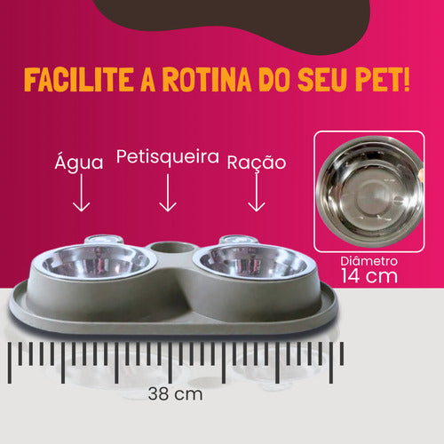 Comedouro E Bebedouro Com Petisqueira Cão/gato Tigelas Inox