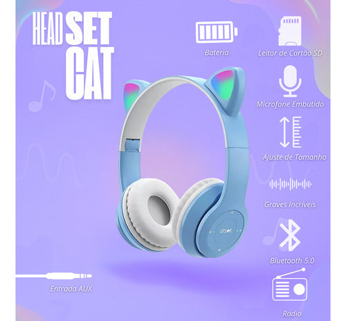 Fone De Ouvido Infantil Orelha De Gatinho Bluetooth Led  Rgb