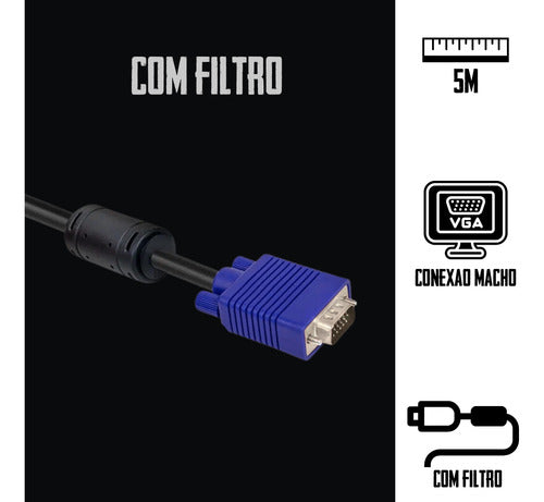 Cabo Vga Com Filtro Pc Notebook Monitor Alta Resolução 5m