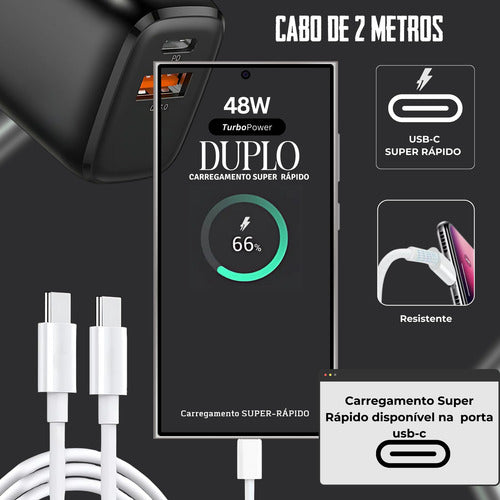 Carregador Duplo 48w Para Samsung 2 Cabos Super Fast 2m E 1m