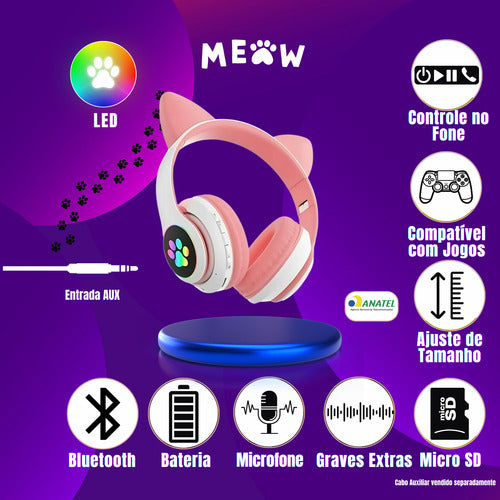 Fone De Ouvido Gatinho Fofinho Bluetooth Led Cat Headset