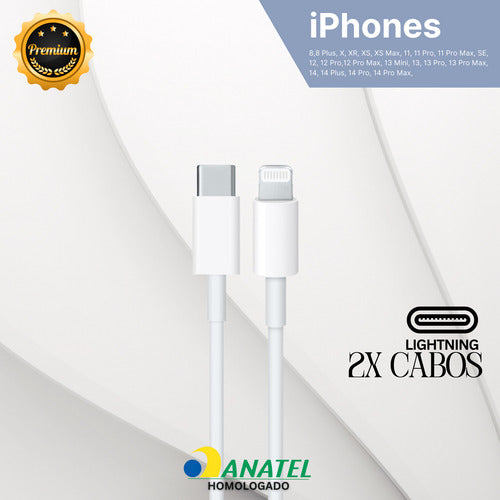 Carregador 50w Duplo 2,5m Para iPhone 11 12 13 14 + 2 Cabos