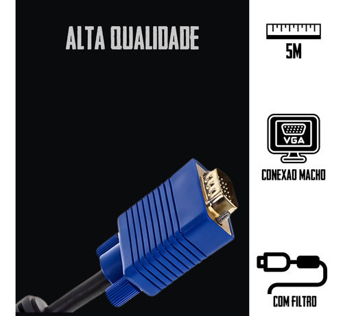 Cabo Vga Com Filtro Pc Notebook Monitor Alta Resolução 5m