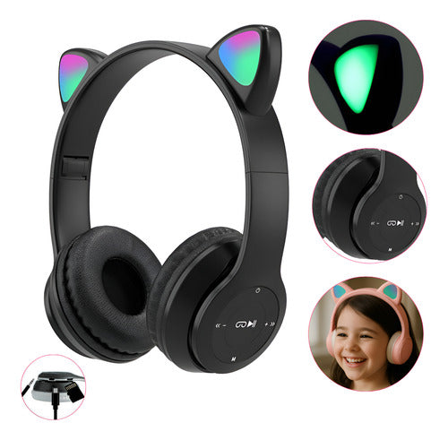 Fone De Ouvido Infantil Orelha De Gatinho Bluetooth Led  Rgb