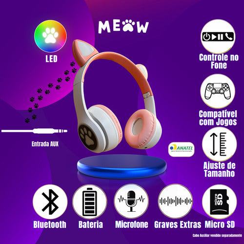 Fone De Ouvido Gatinho Fofinho Bluetooth Led Cat Headset