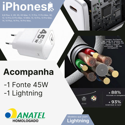 Fonte Carregador + Cabo P/ iPhone X Xr 11 12 13 14 45w Luxo