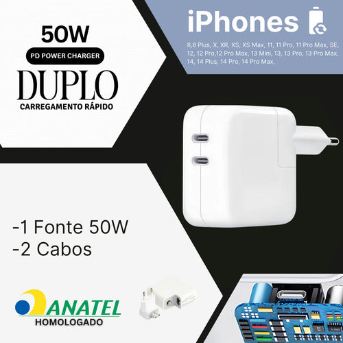 Carregador 50w Duplo 2,5m Para iPhone 11 12 13 14 + 2 Cabos