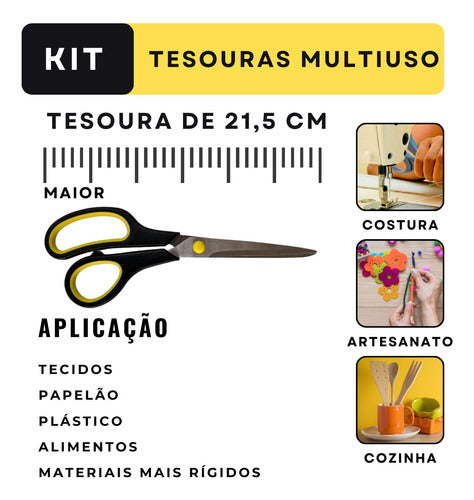 Kit 3 Tesoura Multiuso Aço Inox Papel Tecido Cozinha Costura
