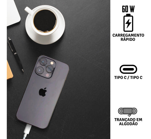 Carregador Fonte Para iPhone 16 Cabo 60w Ultra Tecido Nylon