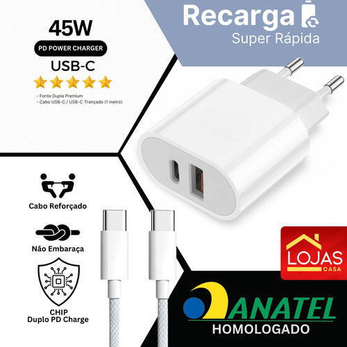 Fonte Carregador Duplo Turbo 50w + Cabo Tipo C Para Xiaomi