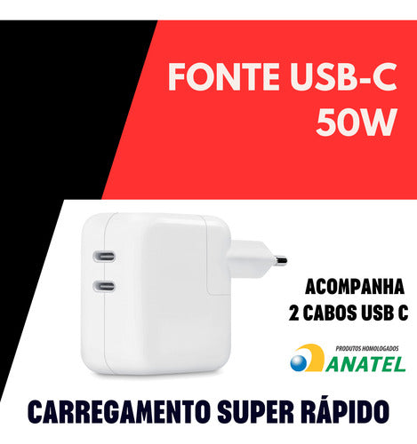Fonte + 2 Cabos 50w Usb-c Duplo Para iPhone 16 Promax 15 17