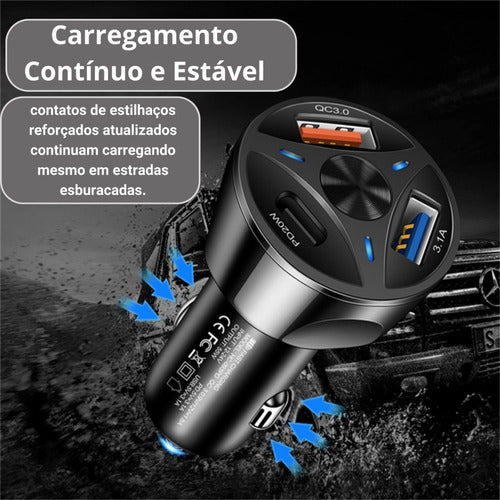 Carregador Automotivo Turbo 3 Entrada Usb 3.0/3.1/tipo-c Top