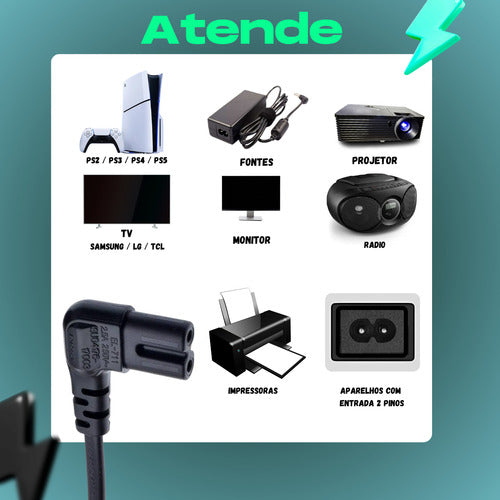 Cabo Forca Bipolar L Para Tv Ps2 Ps3 Ps4 Radio Impressora 90