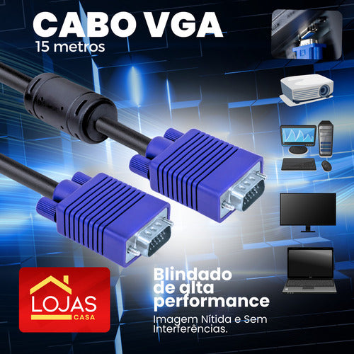 Cabo Vga Blindado 15m Lojas Casa Alta Resolução Azul Conector Macho