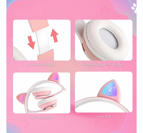 Fone De Ouvido Infantil Orelha De Gatinho Bluetooth Led  Rgb