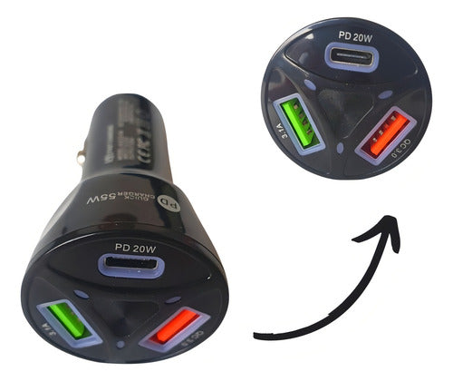 Carregador Automotivo Turbo 3 Entrada Usb 3.0/3.1/tipo-c Top Cor Preto