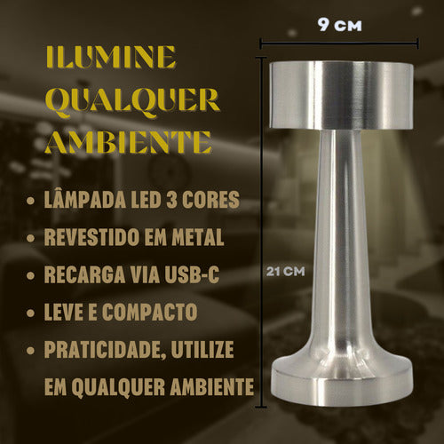 Luminária Abajur Touch Led Portátil S/ Fio Recarregável Luxo