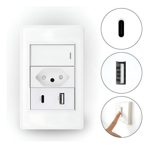 Tomada Interruptor Fonte Carregador Usb C + A De Parede Duo