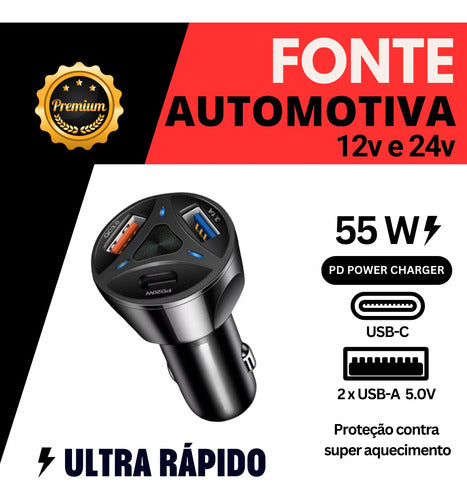 Carregador Veicular Turbo 55w Usb-c Duas Usb-a Triplo Luxo