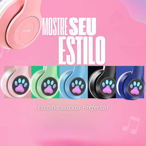 Fone De Ouvido Infantil Orelha De Gatinho Bluetooth Led  Rgb