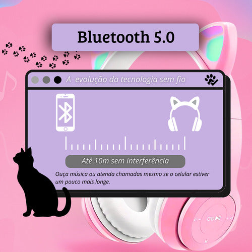 Fone De Ouvido Infantil Orelha De Gatinho Bluetooth Led  Rgb