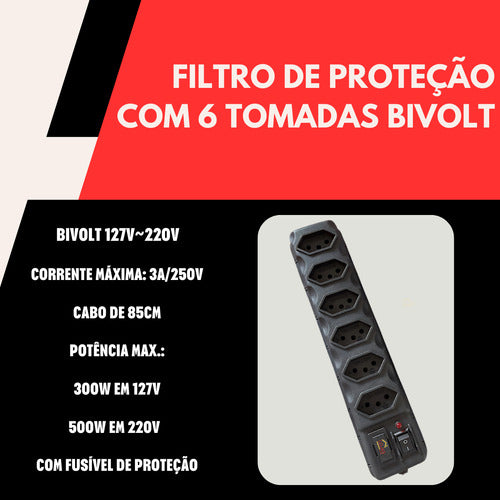 Filtro De Linha Régua Extensão Elétrica 6 Tomada Bivolt 85cm