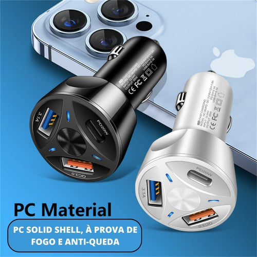 Carregador Automotivo Turbo 3 Entrada Usb 3.0/3.1/tipo-c Top