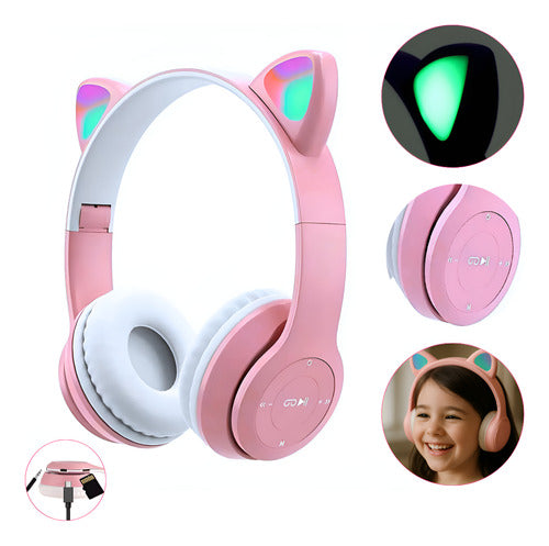 Fone De Ouvido Infantil Orelha De Gatinho Bluetooth Led  Rgb