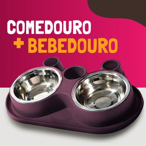 Comedouro E Bebedouro Com Petisqueira Cão/gato Tigelas Inox