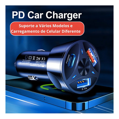 Carregador Automotivo Turbo 3 Entrada Usb 3.0/3.1/tipo-c Top Cor Preto