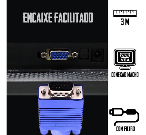 Cabo Vga 3 Metros Macho Monitor Projetor Pc Tv Profissional