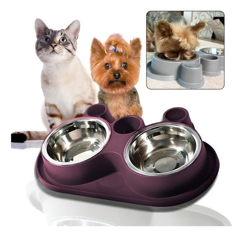 Comedouro E Bebedouro Com Petisqueira Cão/gato Tigelas Inox