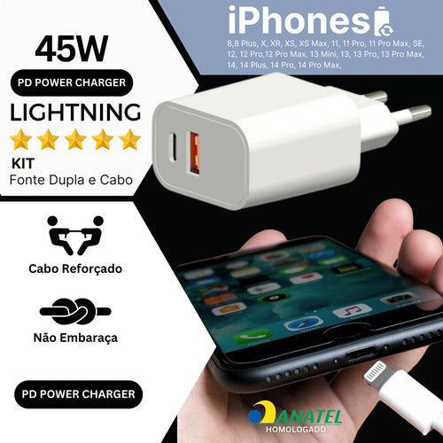 Fonte Carregador Duplo + Cabo 45w P/ iPhone XR 11 12 13 14
