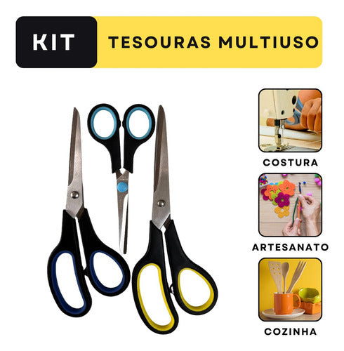 Kit 3 Tesoura Multiuso Aço Inox Papel Tecido Cozinha Costura