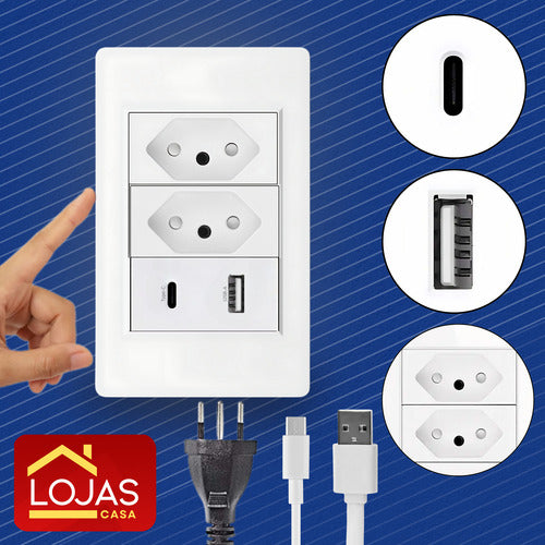 Tomada Dupla Fonte Carregador Universal Usb C + A Parede Duo