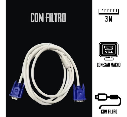 Cabo Vga 3 Metros Macho Monitor Projetor Pc Tv Profissional