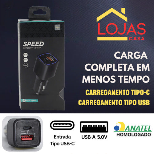 Carregador Automotivo Premium 12v E 24v Usb-c E Usb Carro