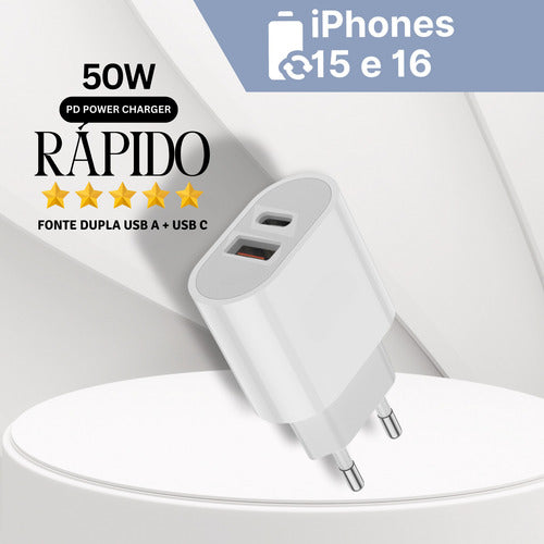 Fonte Carregador Duplo 2 Cabo 1m E 2m P/ iPhone 15 16