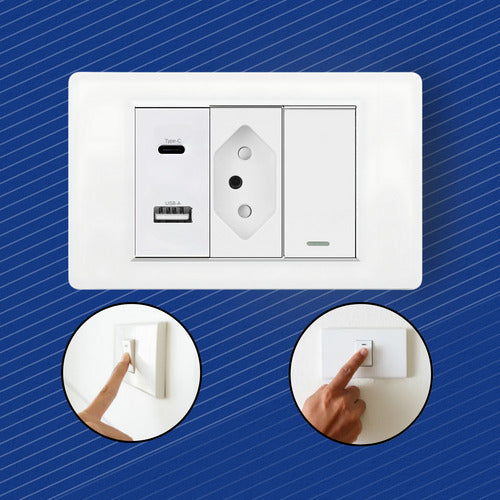 Tomada Interruptor Fonte Carregador Usb C + A De Parede Duo