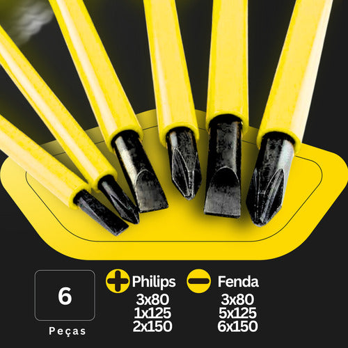 Jogo Chaves Philips E Fenda Isolada Eletricista Imã 6 Peças