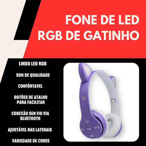 Fone De Ouvido Crianças Orelha De Gatinho Bluetooth Led Rgb