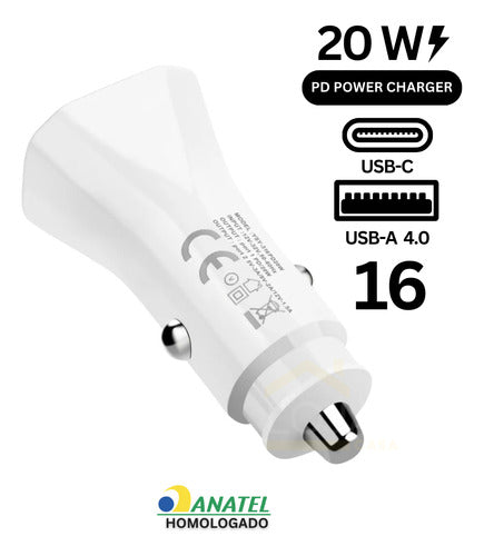 Carregador Automotivo + Cabo Para iPhone 16 E 15 Tipo C 20w