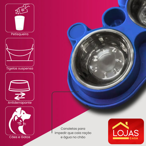 Comedouro E Bebedouro Com Petisqueira Cão/gato Tigelas Inox