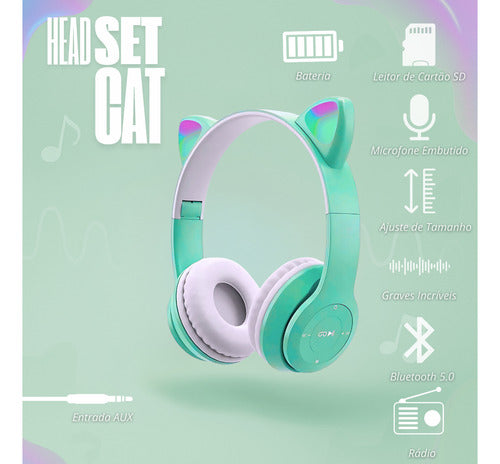 Fone De Ouvido Infantil Orelha De Gatinho Bluetooth Led  Rgb