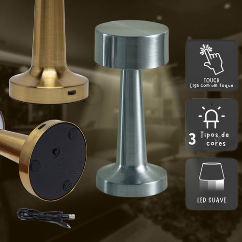 Luminária Abajur Touch Led Portátil S/ Fio Recarregável Luxo